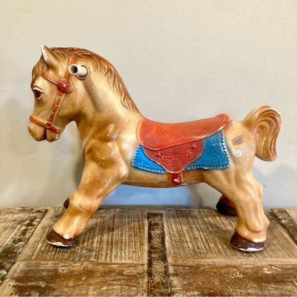 Vintage Plastic Horse with Colorful Saddle 13” Tall - Picture 2 of 16